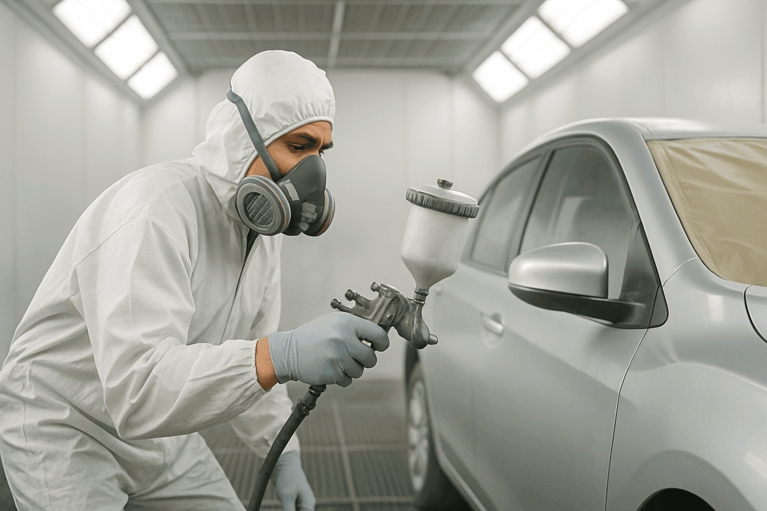 Technician spraying car panel with paint in a ventilated spray booth
