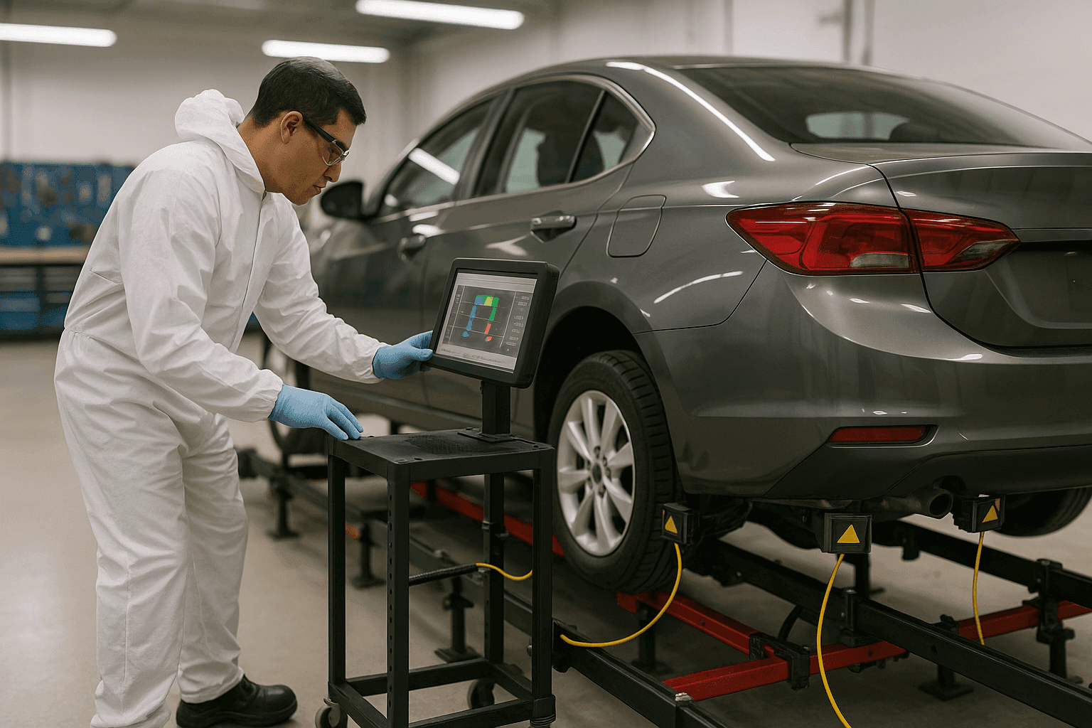 Technician measuring car frame alignment with digital tools in repair bay