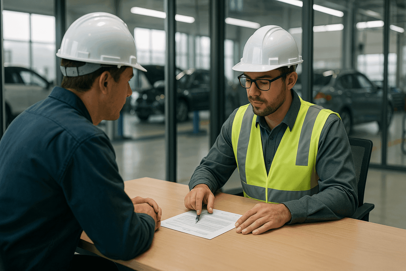 Customer discussing repair options with an auto body shop advisor in a modern office