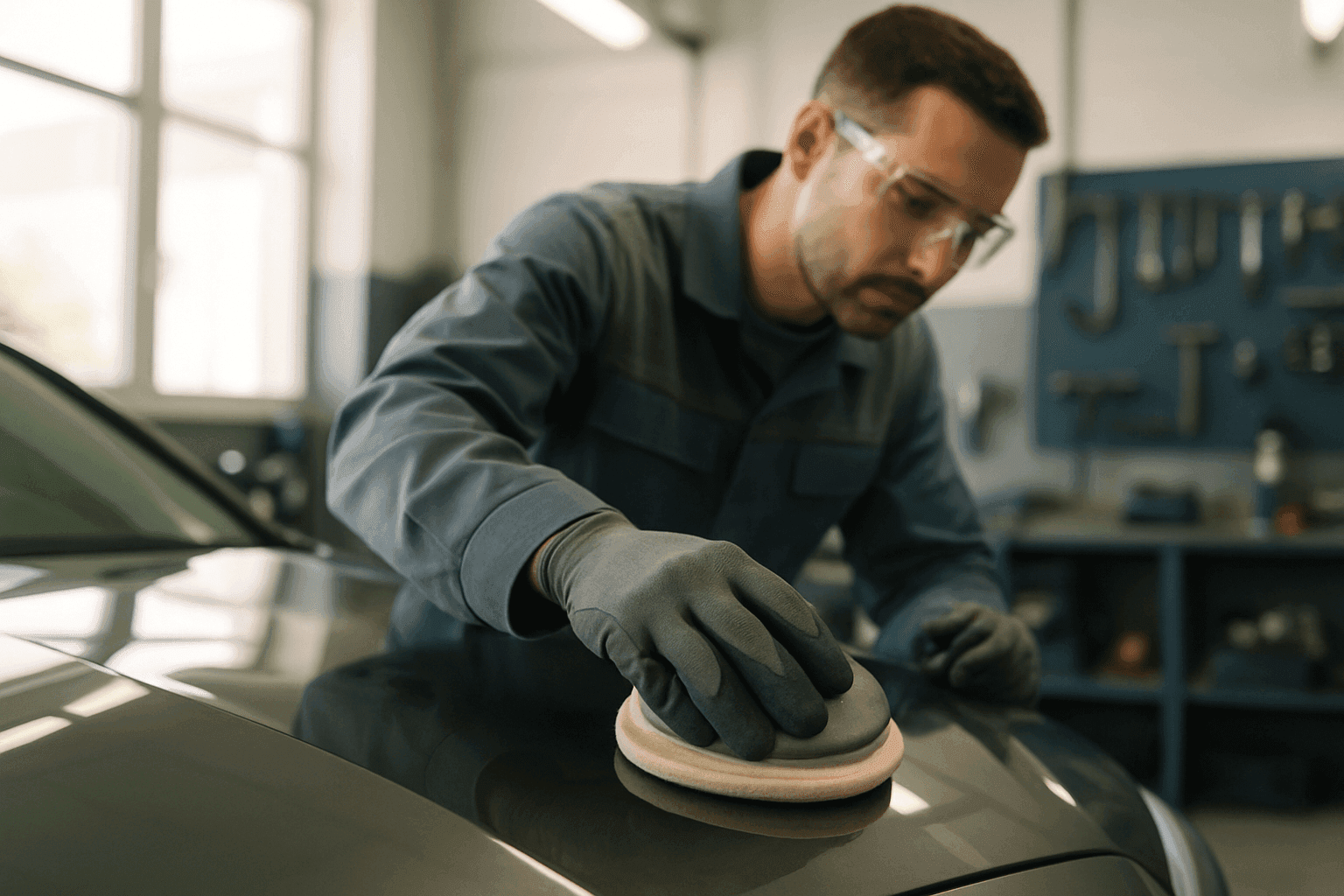 Gloved hands polishing a car panel in a clean, well-lit auto body workshop
