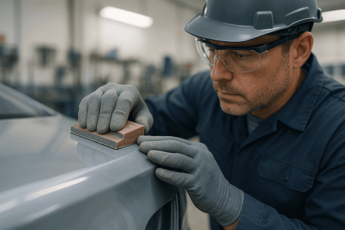 Technician's gloved hands sanding a car door edge in a tidy auto body workshop